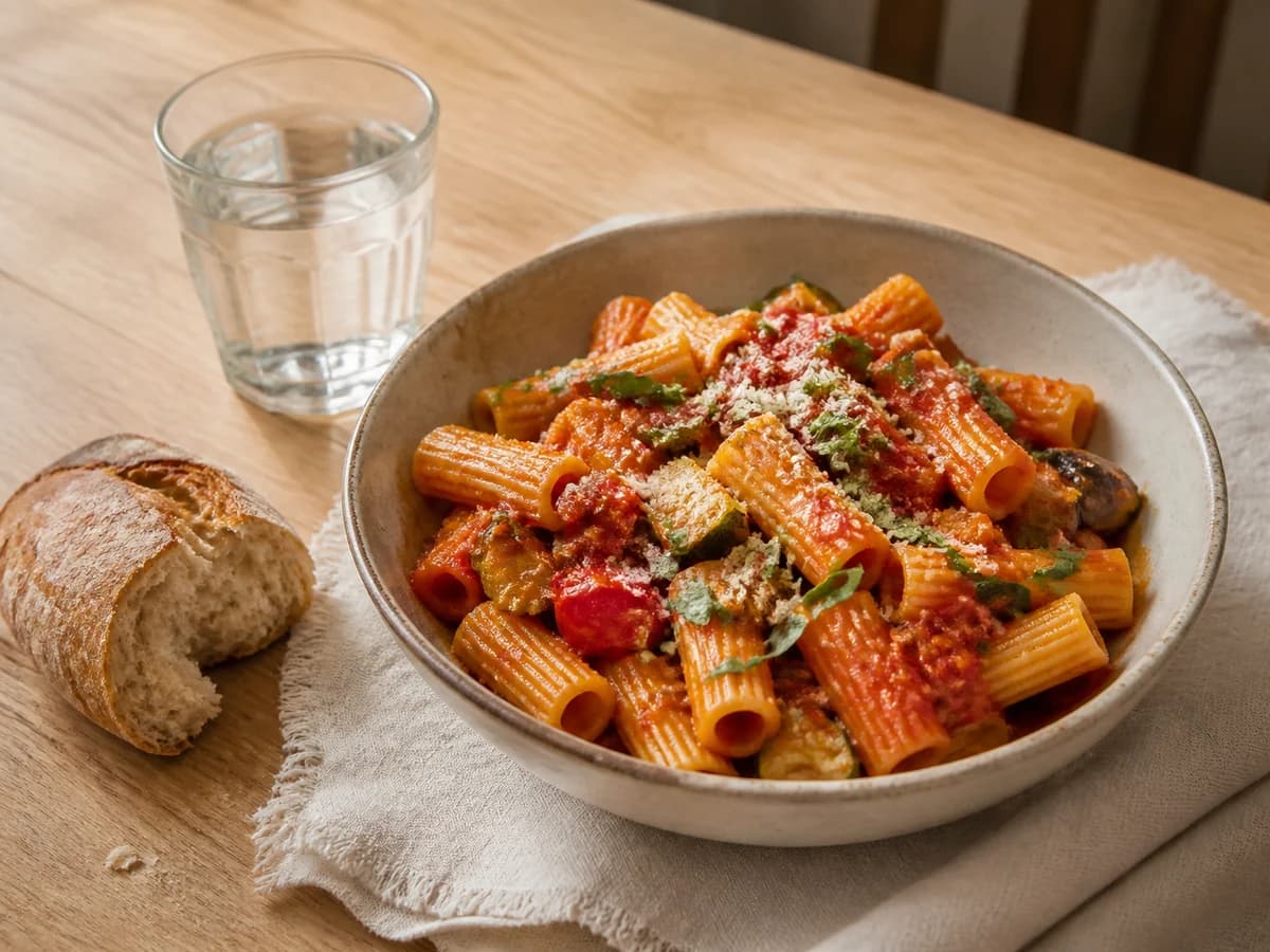 A bowl of pasta with bread and water — the same photograph appears in both panels.